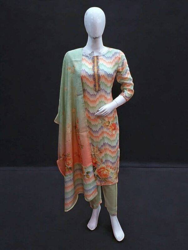 Pastel Chevron Print Kurta Set with Floral Accents