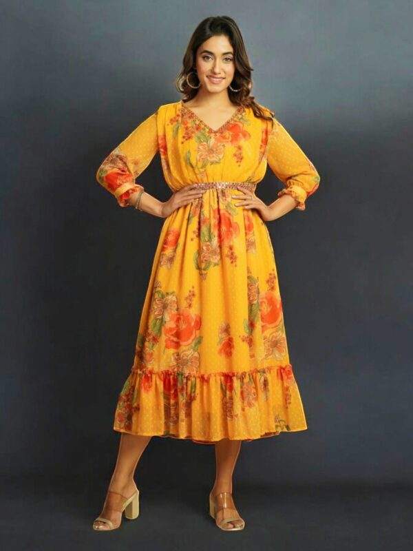 Bright Mustard Floral Maxi Dress with Ruffle Hem