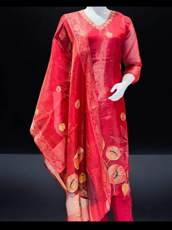 Vibrant Red Printed Salwar Suit with Floral Dupatta