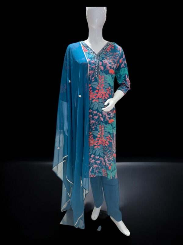 Elegant Blue Floral Printed Salwar Suit with Chiffon Dupatta