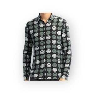 SNITCH Men's Black Button-Up Shirt with Green and White Smiley Print