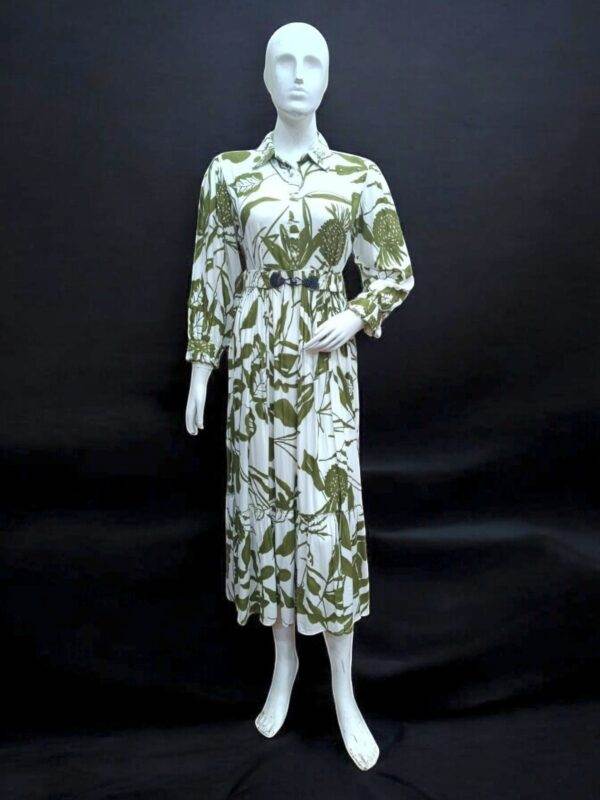 Elegant Green and White Botanical Print Shirt Dress
