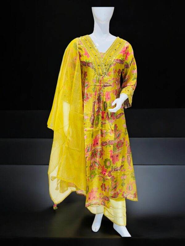 Vibrant Yellow Floral Embroidered Suit Set with Dupatta