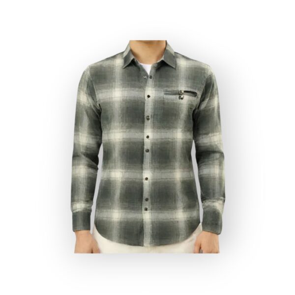 BLUMIND Men's Green & White Ombre Plaid Long Sleeve Shirt with Zip Pocket