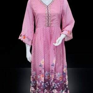 Pink Floral Gradient Dress with Embroidered Neckline and Flared Sleeves