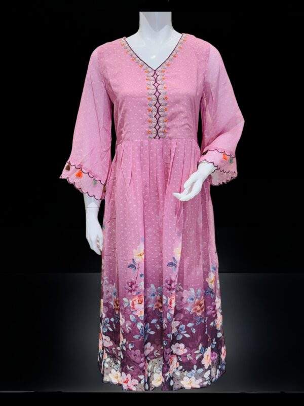 Pink Floral Gradient Dress with Embroidered Neckline and Flared Sleeves