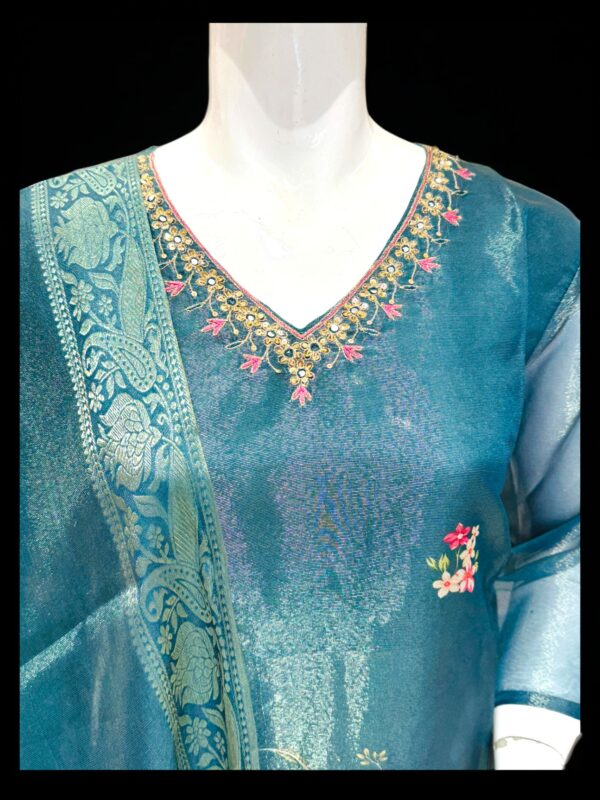 Elegant Teal Floral Suit with Embroidered Neckline and Sheer Dupatta - Image 2