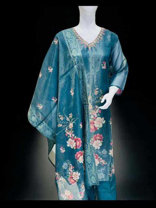 Elegant Teal Floral Suit with Embroidered Neckline and Sheer Dupatta