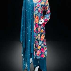 Vibrant Teal Floral Suit Set with Embroidered Neckline and Sheer Dupatta