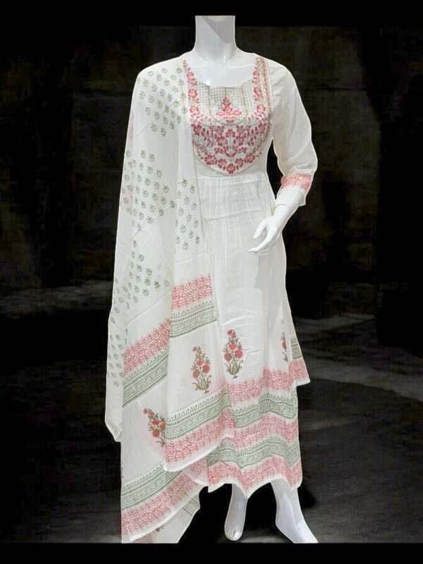White Suit Set with Pink and Green Floral Block Print