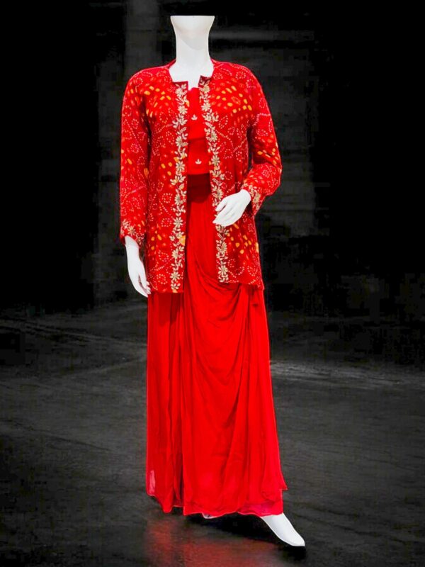 Red Ethnic Co-ord Set with Embroidered Jacket and Draped Skirt