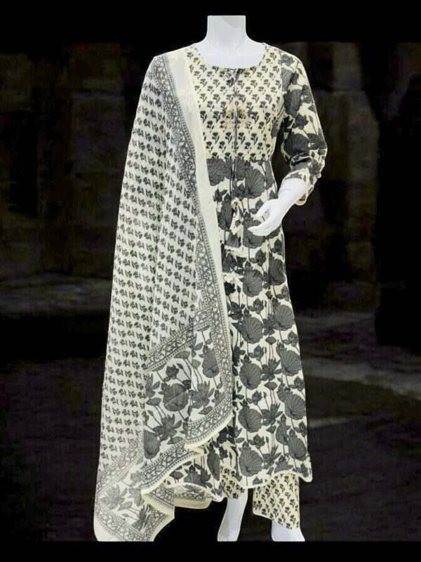 Black & White Printed Cotton Suit Set with Dupatta