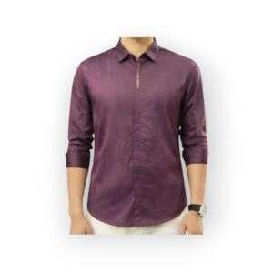 BALMAIN PARIS Men's Elegant Deep Purple Satin Long Sleeve Shirt