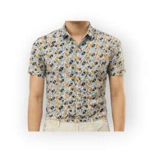 DENIM &FLOWER Men's Short Sleeve Geometric Print Shirt - Multi-Color Triangle Pattern