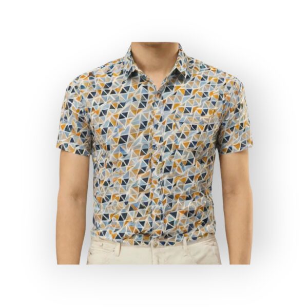 DENIM &FLOWER Men's Short Sleeve Geometric Print Shirt - Multi-Color Triangle Pattern