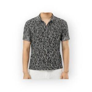 TONY-FOX Men's Black and White Abstract Leaf Print Short Sleeve Shirt