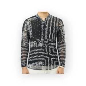 PRIMARK Men's Sheer Black Long Sleeve Shirt with Intricate White Floral and Geometric Pattern