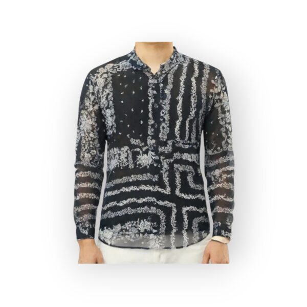 PRIMARK Men's Sheer Black Long Sleeve Shirt with Intricate White Floral and Geometric Pattern