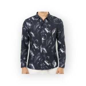 SNITCH Men's Long Sleeve Black Feather Print Shirt – Casual Artistic Style