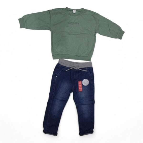 Boys' Green Sweatshirt and Blue Denim Joggers Set - Stylish and Comfortable