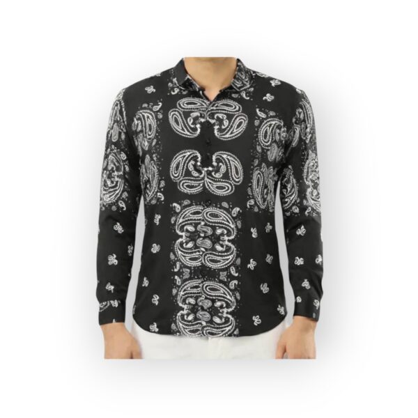 SNITCH Men's Black Long Sleeve Shirt with White Paisley Bandana Print