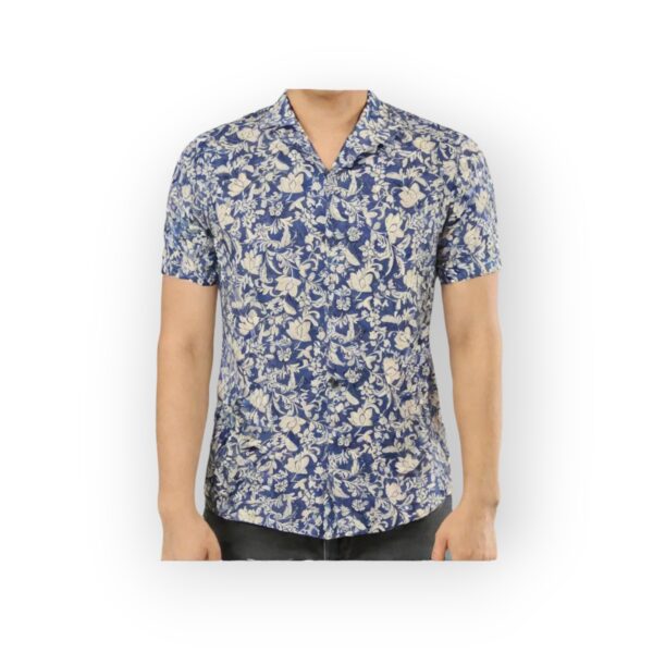 JACK& JONES Men's Blue and White Floral Print Short Sleeve Shirt