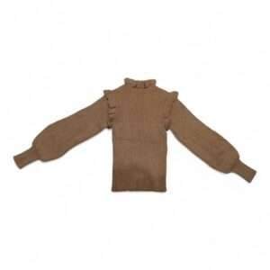 Girls' Brown Ribbed Knit Sweater with Ruffle Details - Elegant and Cozy