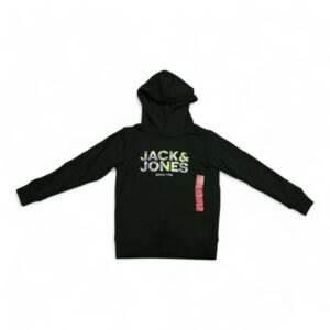 Boys' Black Hooded Sweatshirt with Jack & Jones Logo - Trendy and Comfortable