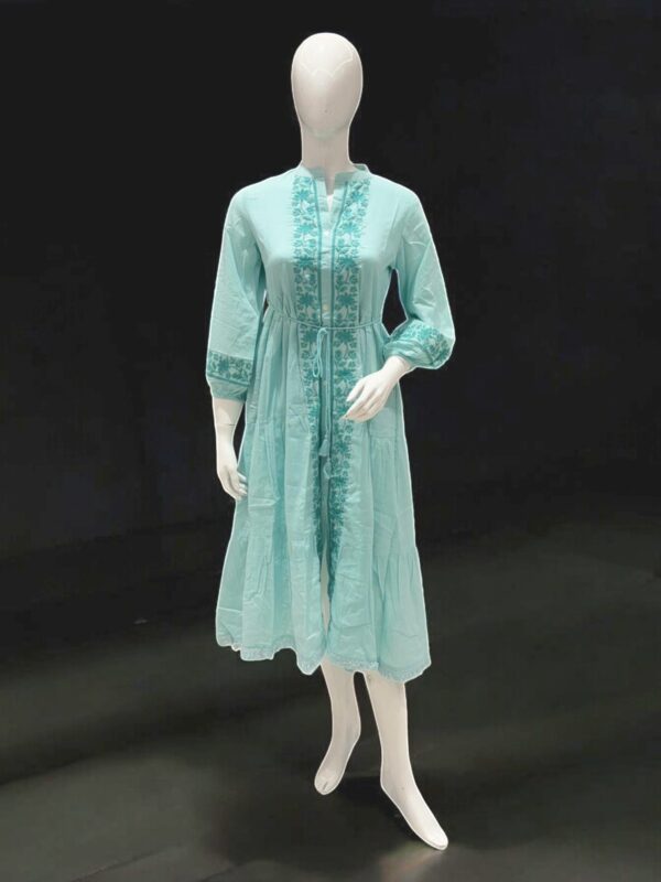 Elegant Aqua Blue Embroidered Cotton Midi Dress