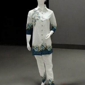 White and Blue Floral Embroidered Shirt and Pant Set - Elegant Women's Outfit