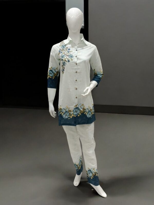 White and Blue Floral Embroidered Shirt and Pant Set - Elegant Women's Outfit