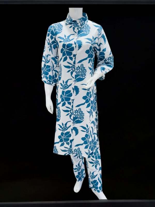 Floral Blue and White Shirt and Pant Set - Elegant Women's Outfi