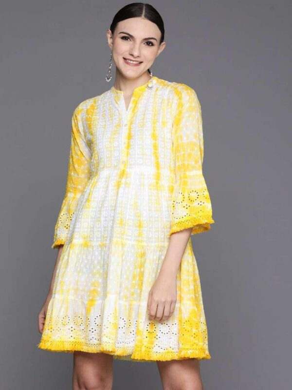 Chic Yellow & White Tie-Dye Cotton Mini Dress with Eyelet Details