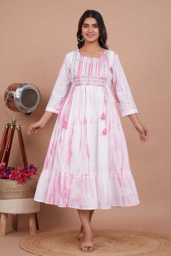 Pink & White Tie-Dye Maxi Dress with Embroidered Details