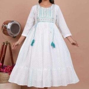 White Cotton Dobby Maxi Dress with Turquoise Embroidery