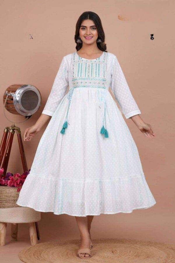 White Cotton Dobby Maxi Dress with Turquoise Embroidery