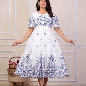 White Cotton Voile Dress with Navy Embroidery and Lining