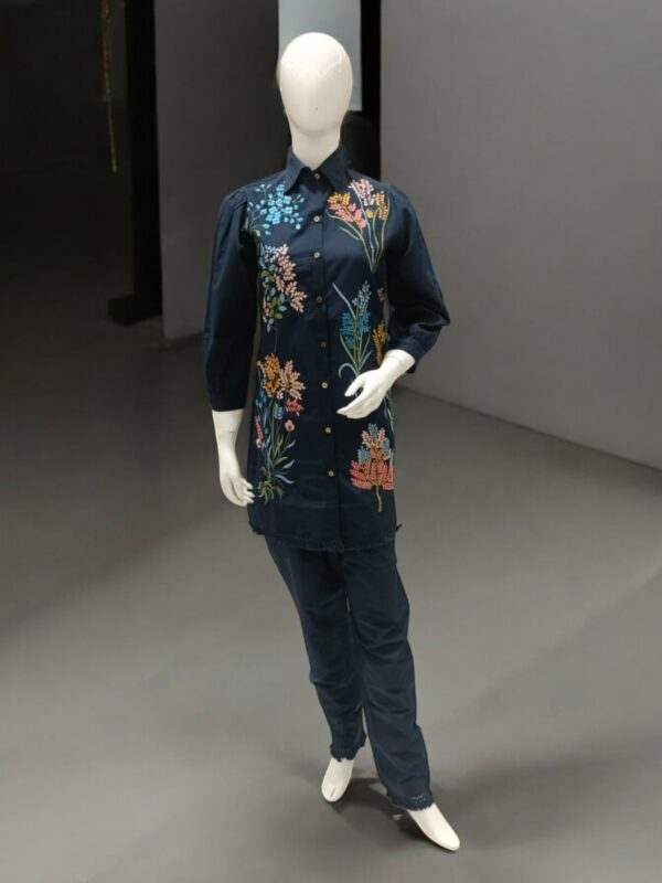 Navy Blue Embroidered Shirt and Pant Set - Contemporary Style for Women