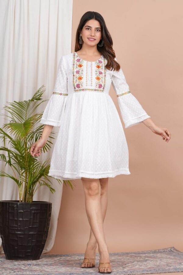 White Cotton Dobby Dress with Colorful Embroidery and Bell Sleeves