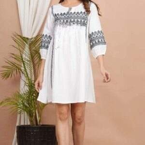 White Viscose Rayon Dress with Black Embroidery