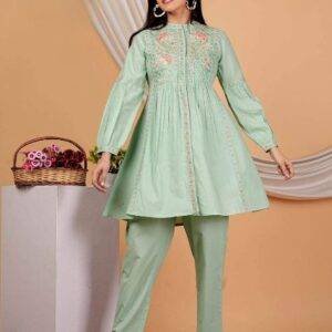 Pastel Green 60x60 Cotton Embroidered Kurta with Pant Set