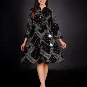 Black Bandhani Print Viscose Rayon Fit-and-Flare Dress