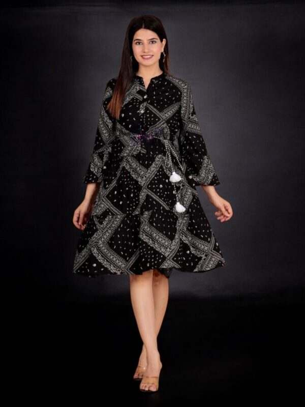Black Bandhani Print Viscose Rayon Fit-and-Flare Dress