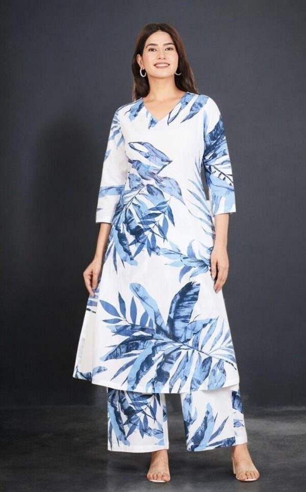 Elegant White and Blue Tropical Print Cotton Kurta Set - Lightweight & Stylish