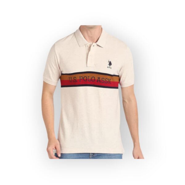 U.S POLO  Men's Beige Polo Shirt with Striped Logo Design - Casual Style