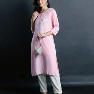 Women's Pink Embroidered Kurta - Elegant Ethnic Top
