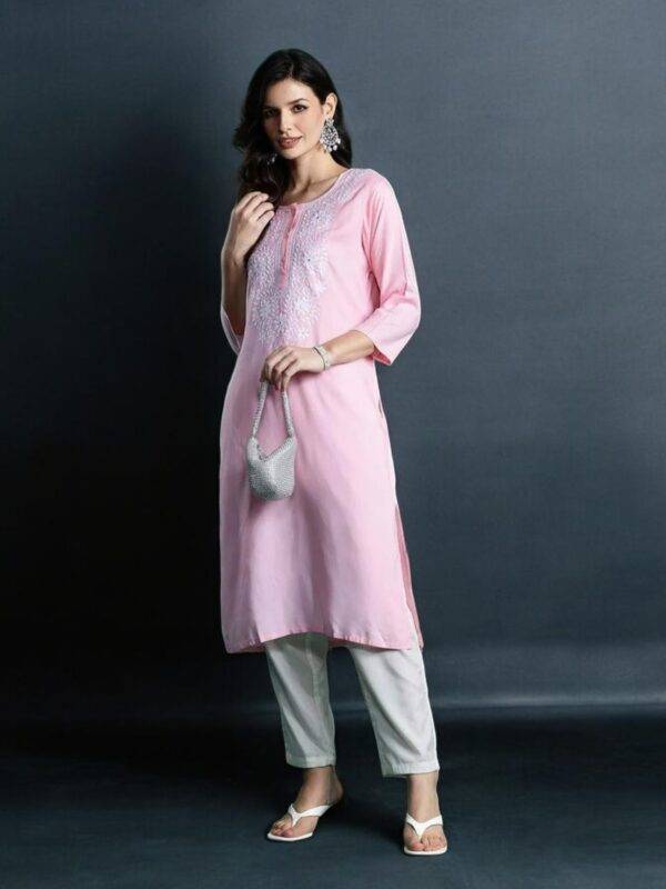 Women's Pink Embroidered Kurta - Elegant Ethnic Top
