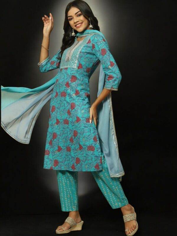 Women's Aqua Blue Printed Kurta Set with Dupatta