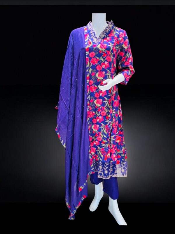 Women's Floral Embroidered Blue & Pink Suit Set with Dupatta