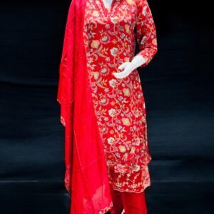 Women's Vibrant Red Floral Embroidered Suit Set with Dupatta